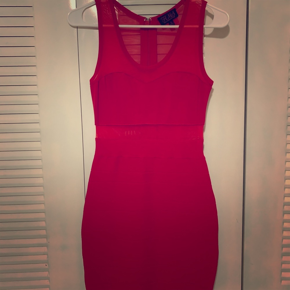 Red bodycon dress with sheer detail